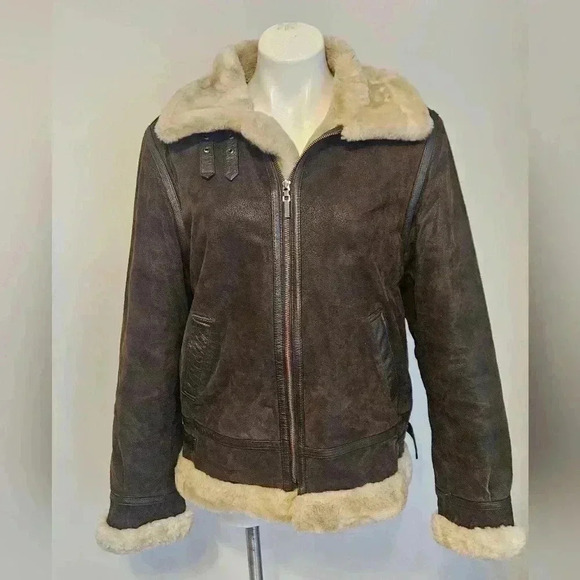 Vintage St. John's Bay Brown Leather Aviator Pilot Jacket with Sherpa Trim - Picture 7 of 16